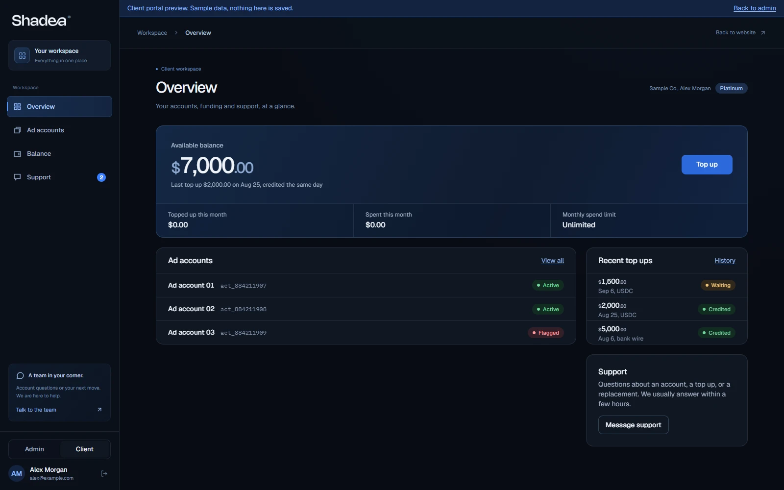 Shadea sample workspace showing available balance, account provisioning status and recent funding activity.